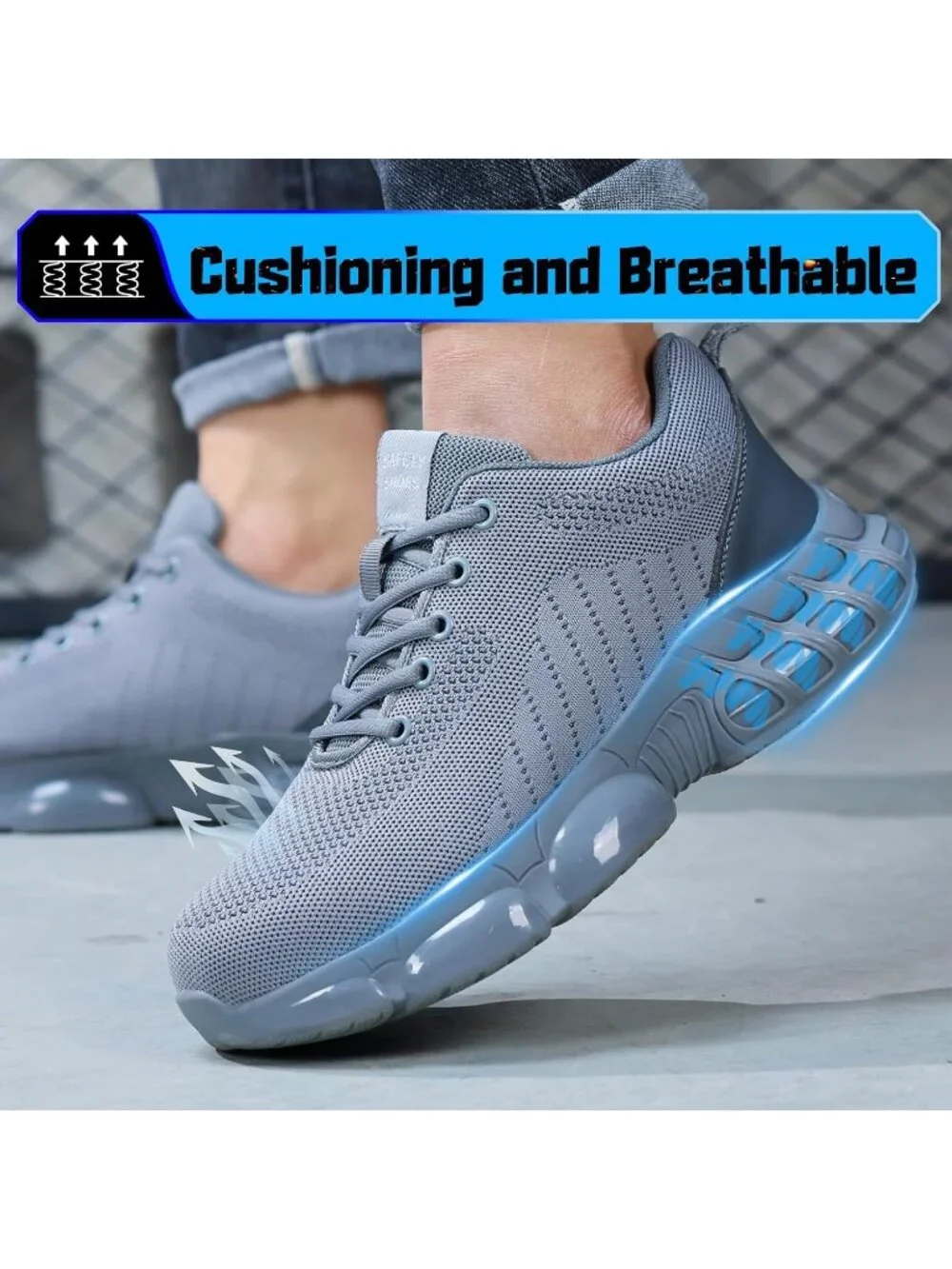Men's Grey Resistant Midsole Shoes Low Top Steel Toe Non Slip Hiking Boots